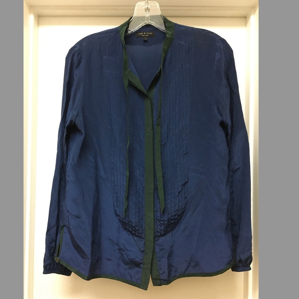 Rag & Bone Blue Blouse Dark Green Trim w Tie Sz 4 EUC